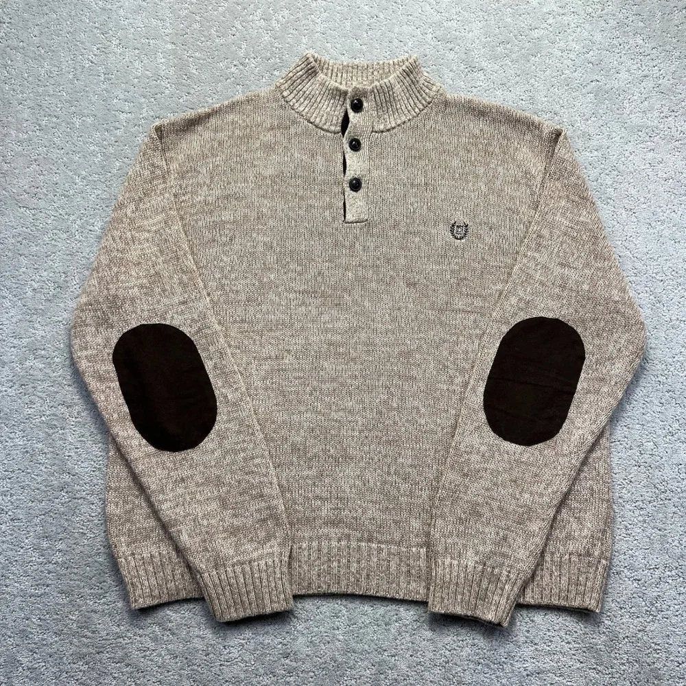 Chaps Sweater Mens XXL Tan Cotton‎ Knit Quarter Button Mock Neck Elbow Patches